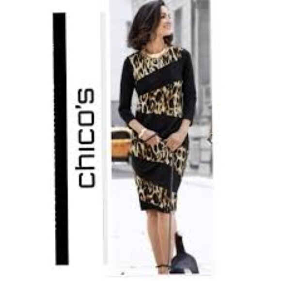 Chico's Womens 3/4 Sleeves Dress Size Large Knee Length Animal Print Black - Picture 4 of 6
